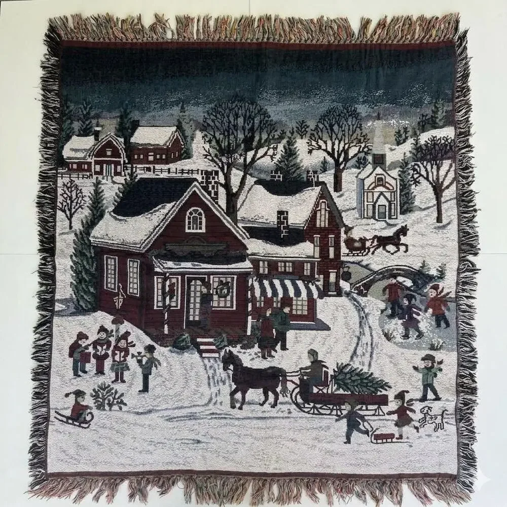 Vintage Christmas Woven Throw Blanket Winter Village Tapestry Fringe 47x53